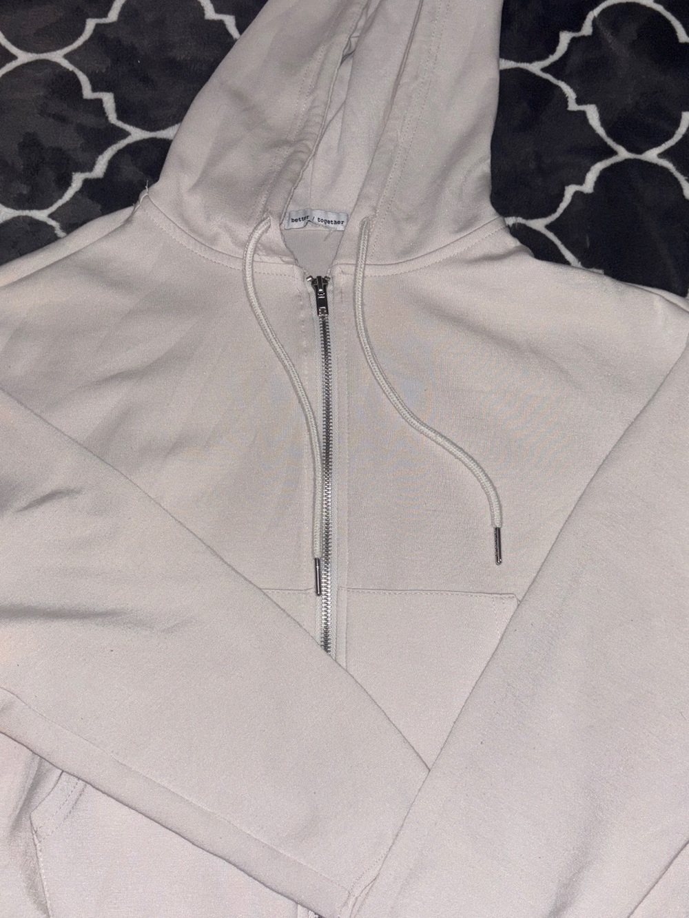 Light Beige Zip-Up Hoodie with Hood and Drawstrings